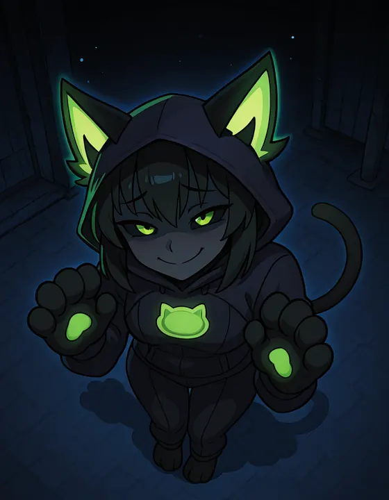 A hooded cat character with neon green eyes and glowing paw pads in a dark room.