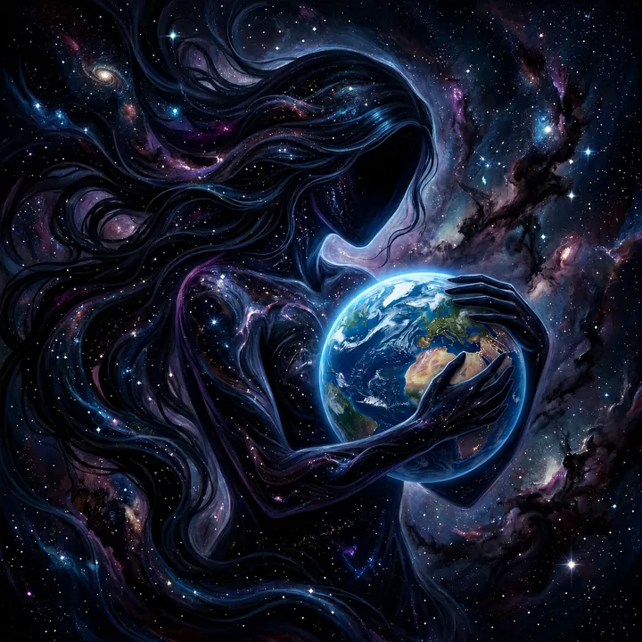 A shadowy figure made of nebulae and starlight cradles a small glowing Earth.