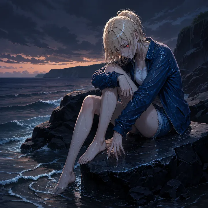 A blonde woman in a denim jacket sits on dark rocks at the edge of the sea at dusk.