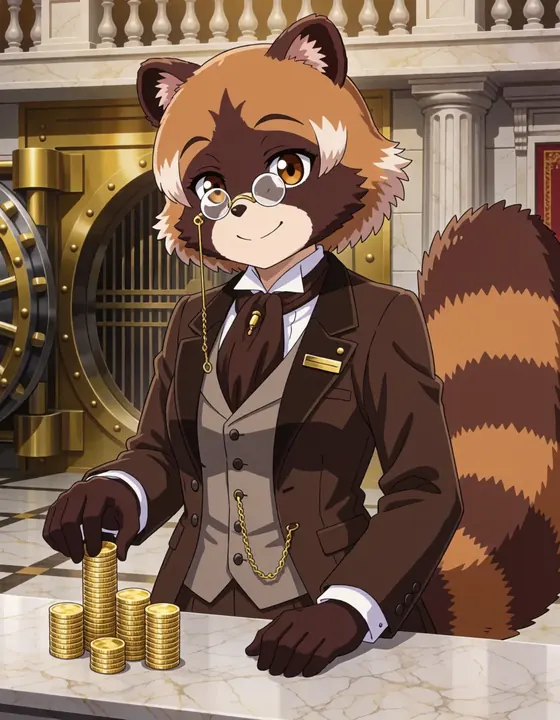 A red panda banker in a three-piece suit stacks gold coins in front of an open vault.