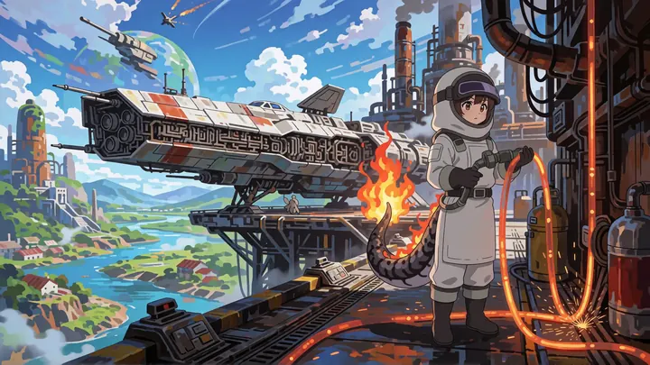 A salamander mechanic in a white work suit refuels a starship at a sunny industrial dock.