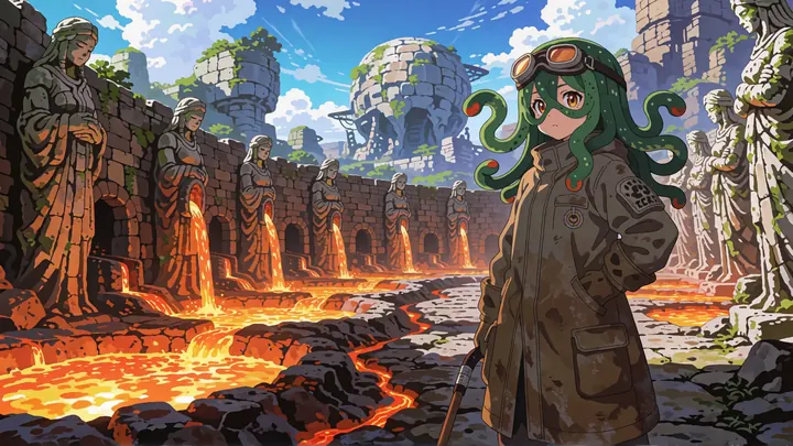 A gorgon in a trench coat and goggles stands among stone statues beside rivers of lava.