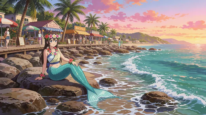 A mermaid relaxes on a sunlit beach promenade lined with palm trees and market stalls.