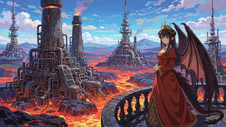 A dragon-winged queen in red stands on a balcony above a city of black towers and lava.