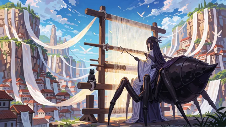A spider-bodied weaver works a giant loom on a cliffside city draped in silk.
