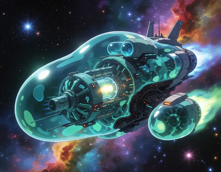 A translucent jelly-like starship with a glowing mechanical core.