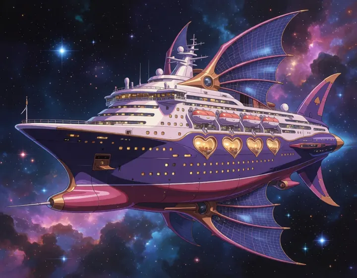 A purple cruise starship with bat wings and heart-shaped windows sails through a nebula.