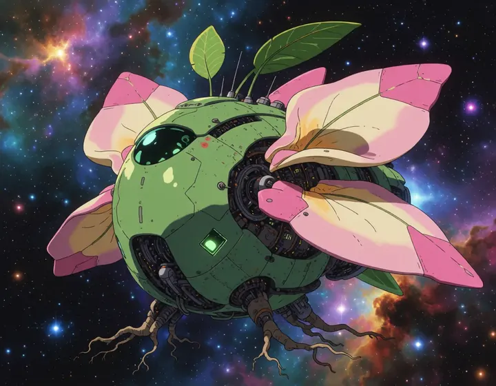 A round green plant-pod starship with pink petal wings and dangling roots.
