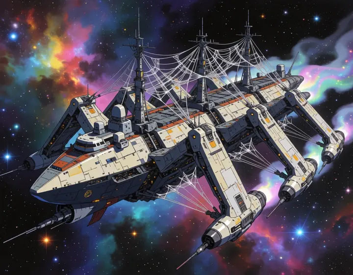 A long white spider-legged starship trailing webbing through colourful space.
