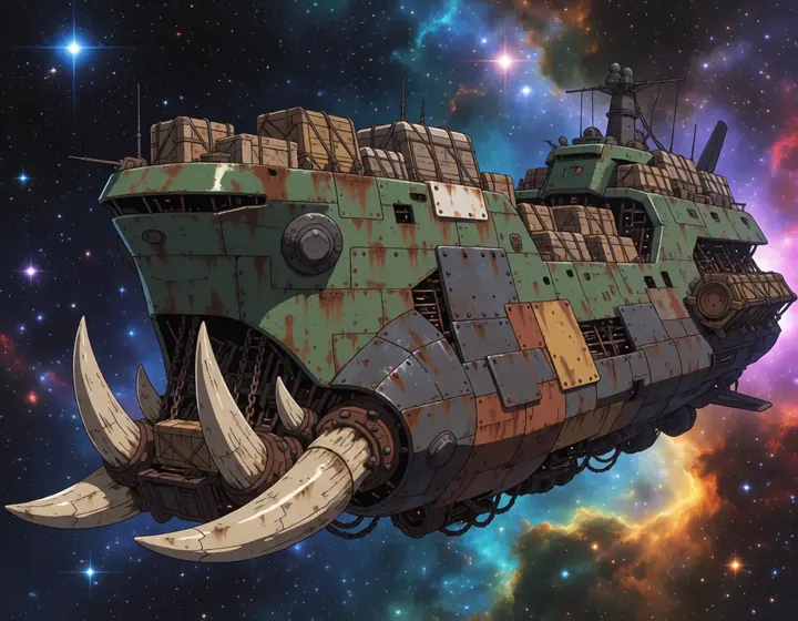 A rusty armoured cargo barge with huge ivory tusks, crates stacked on deck.