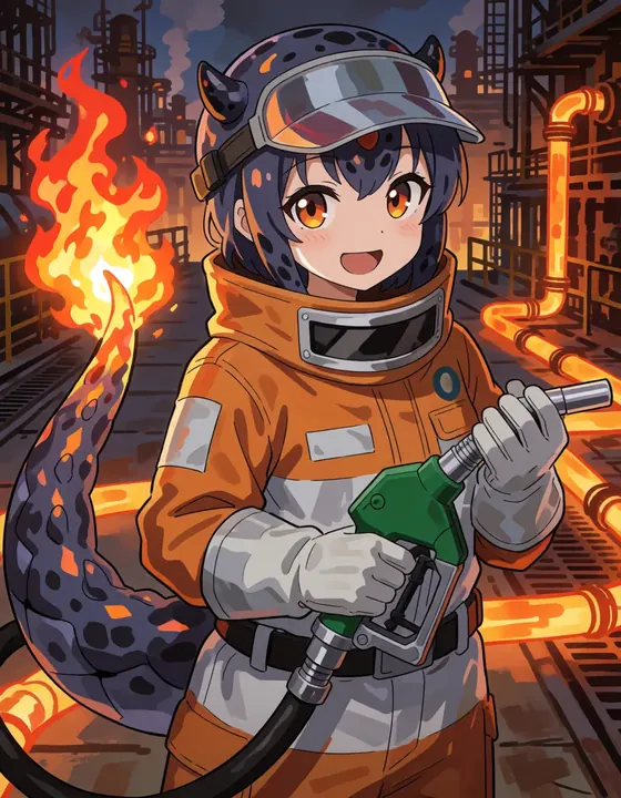 A cheerful salamander attendant in an orange suit holds a fuel nozzle, her tail on fire.
