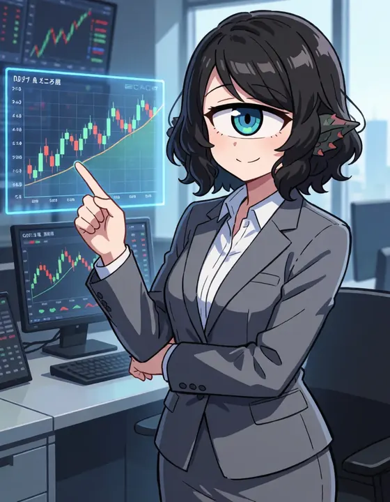 A one-eyed cyclops analyst in a grey suit points at a glowing stock chart.