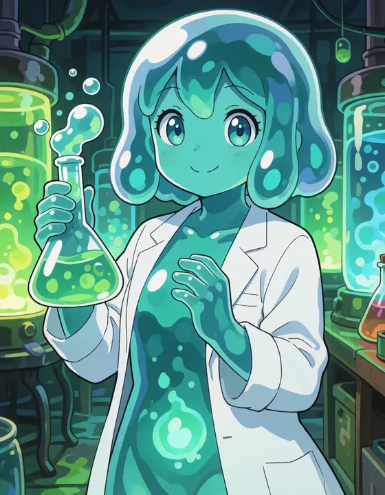 A smiling green slime scientist in a lab coat holds a bubbling flask.