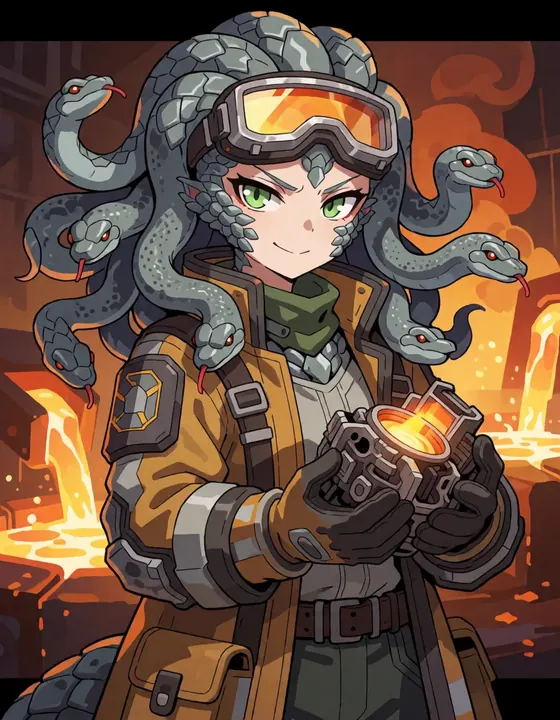 A gorgon with snake hair and goggles holds a glowing forged part in a foundry.