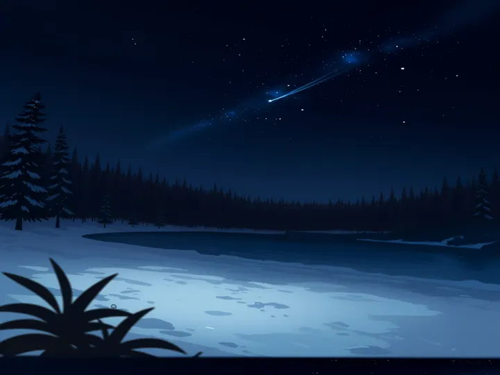 An empty snowy lakeshore at night, pines along the far bank and a shooting star overhead.