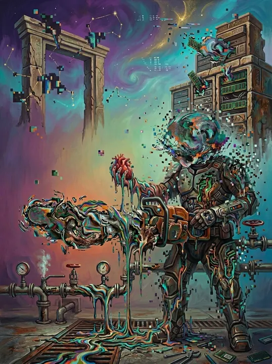 A surreal painted machine-man melting into pipes and pixels under a swirling psychedelic sky.
