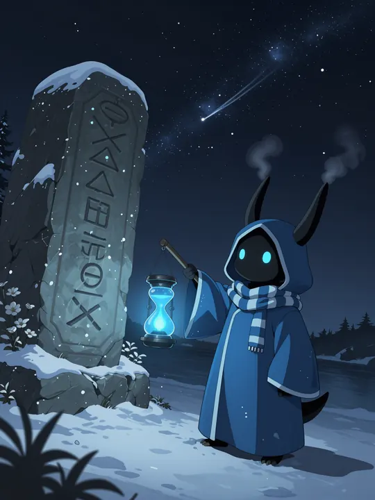 A small hooded creature with glowing cyan eyes and a striped scarf holds up an hourglass lantern beside a snowy runestone under a starry sky.