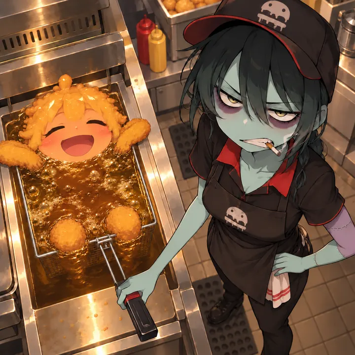 A tired green-skinned zombie fry cook stands over a deep fryer where a cheerful fried creature bobs in the oil.